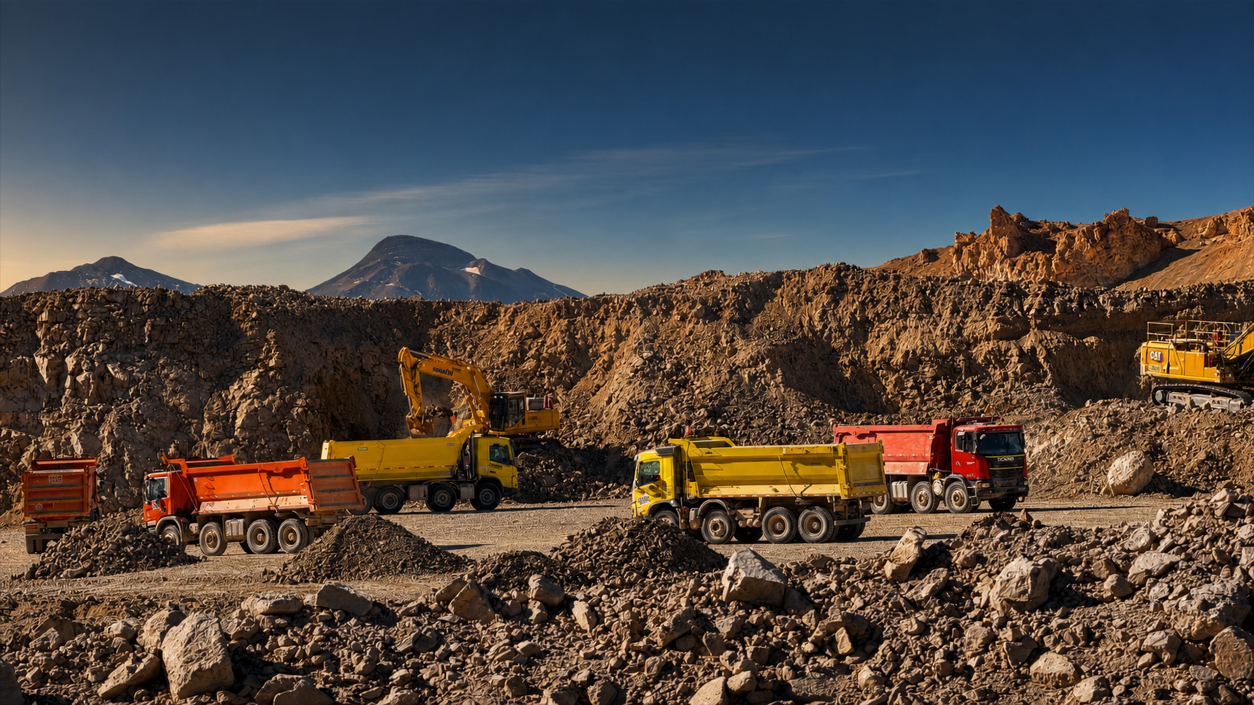Flota real Transmaq de camiones tolva y excavadoras en faena minera de Atacama